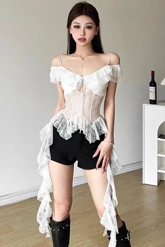 Lace Off-Shoulder Black Short Set