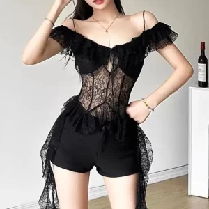 Lace Off-Shoulder Black Short Set