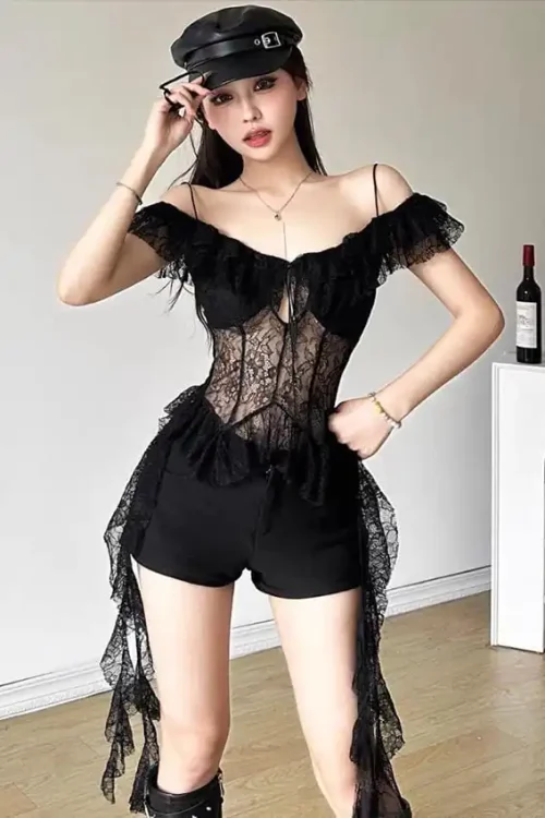 Lace Off-Shoulder Black Short Set