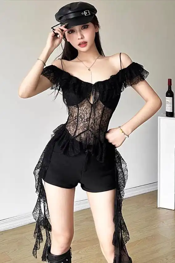 Lace Off-Shoulder Black Short Set