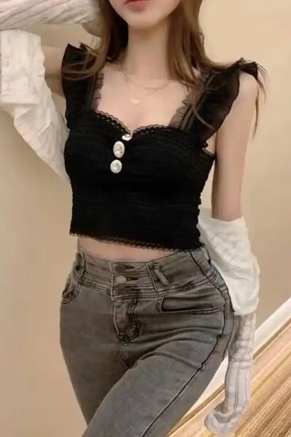 Lace Ruffle Strap Crop Top