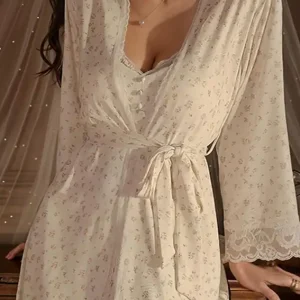 Floral Lace Nightdress with Long Sleeves
