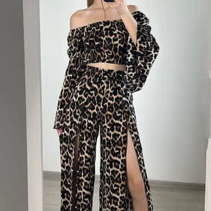 Leopard Off-Shoulder Slit Pants Set