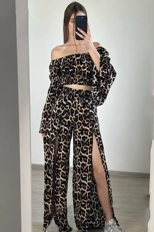 Leopard Off-Shoulder Slit Pants Set