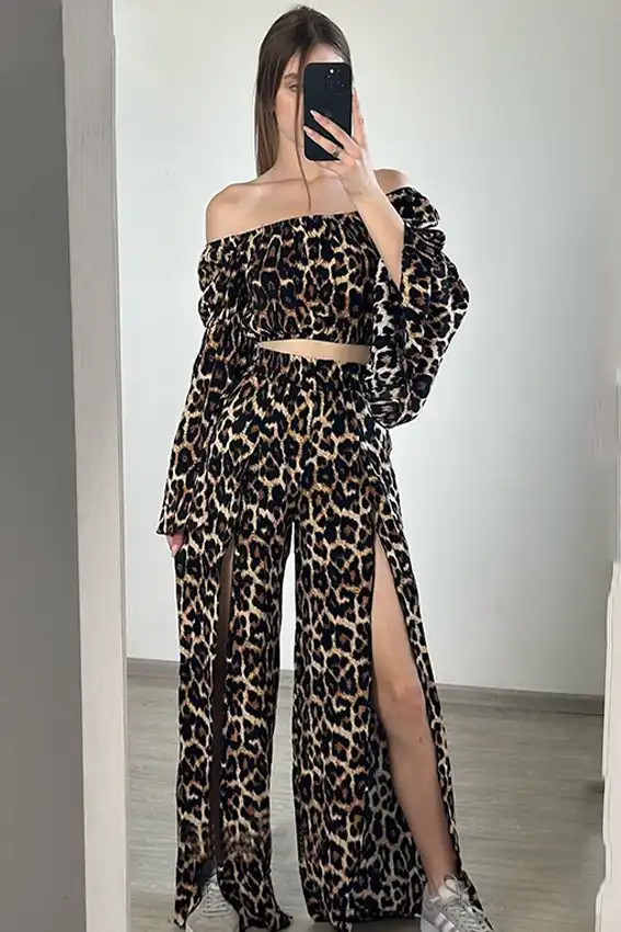 Leopard Off-Shoulder Slit Pants Set
