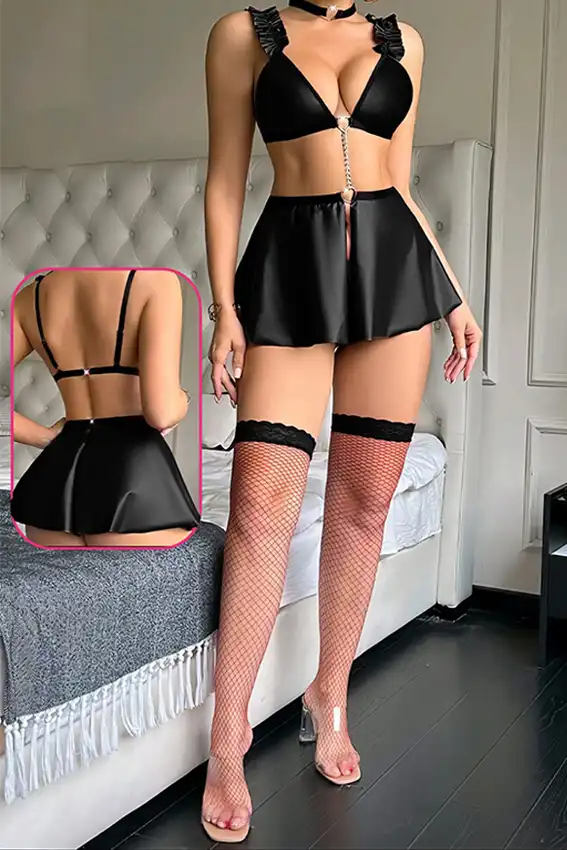 Chic Black Ruffle Sleeve Lingerie Set