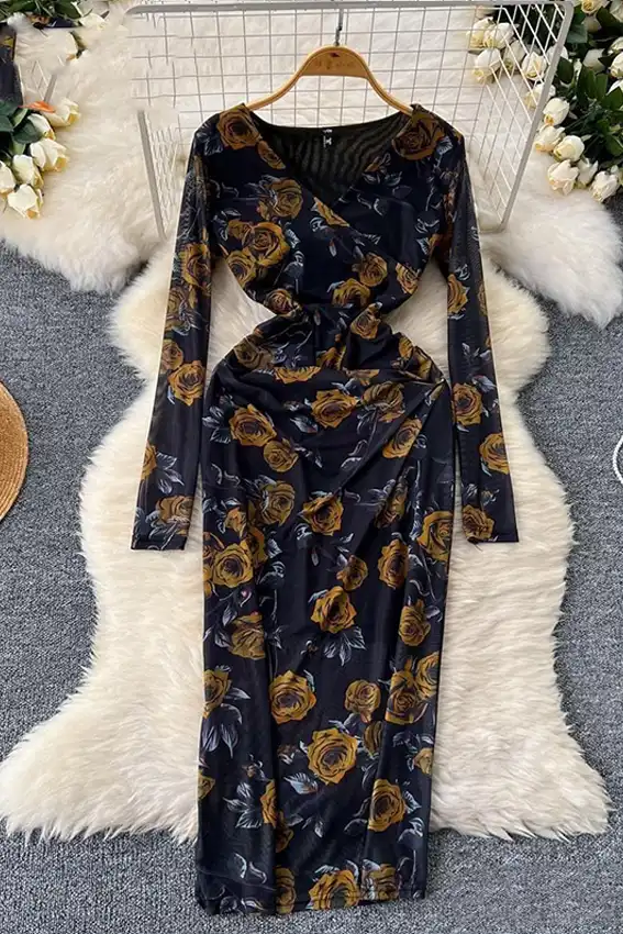 Elegant Floral Long Sleeve Dress