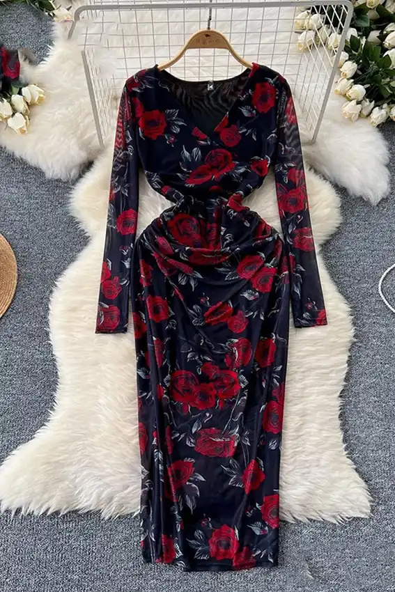 Elegant Floral Long Sleeve Dress