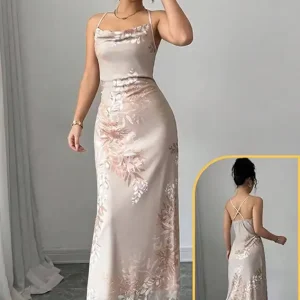 Elegant Floral Satin Sleeveless Dress