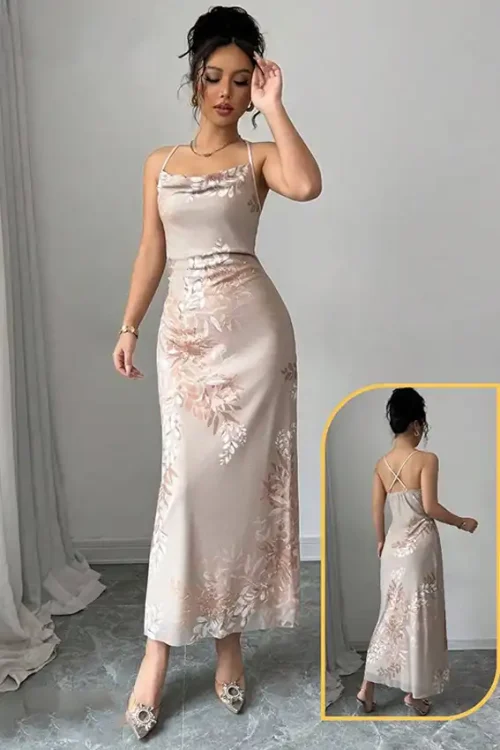Elegant Floral Satin Sleeveless Dress