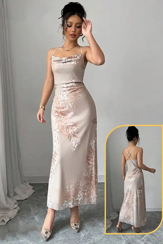 Elegant Floral Satin Sleeveless Dress