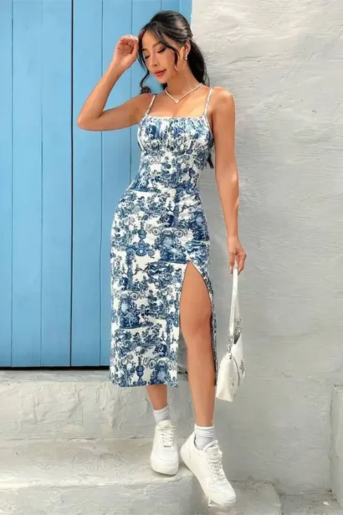 Elegant Blue Floral Dress