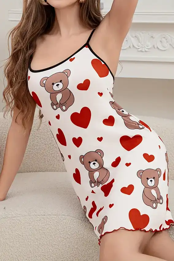 Adorable Bear Print Sleeveless Nightgown