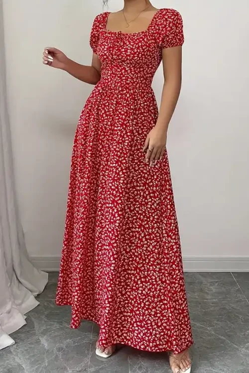 Floral Red Dress with Puff Sleeves