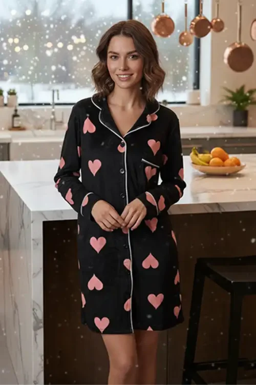 Heart Pattern Long Sleeve Nightshirt
