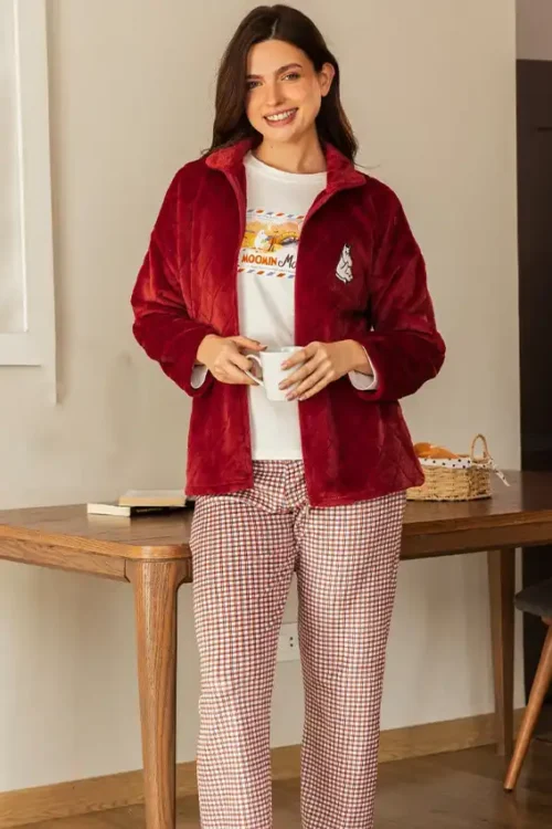 Cozy Red Jacket with Checkered Pants